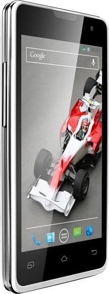 XOLO Q500 smartphone front view displaying racing car on screen with Google search bar and call, messaging, and app icons visible