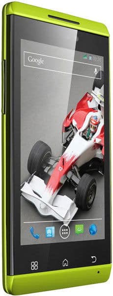 XOLO Q500s IPS smartphone, front view, lime green and black, displaying racing car on screen