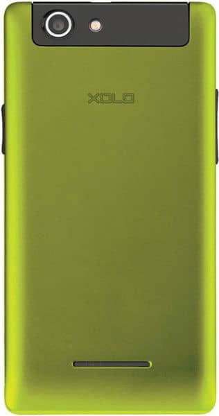 XOLO Q500s IPS rear view, lime green back panel with camera and speaker visible at top