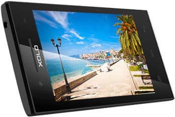 XOLO Q520s smartphone displaying a beach scene with palm trees and coastline on its screen, front view