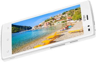 XOLO Q600 Club smartphone displaying a beach landscape photo on its screen, angled view from the side