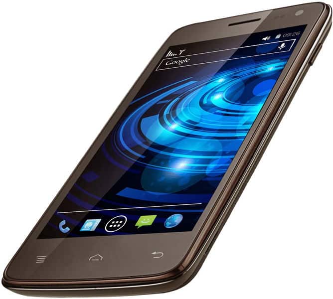 XOLO Q700i smartphone, front view, displaying blue digital swirl wallpaper with Android interface and app icons