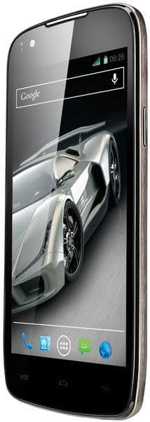 XOLO Q700s smartphone front view, displaying a sports car on screen with Google search bar and home icons visible