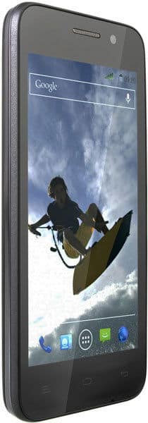 XOLO Q800 X-Edition smartphone, front view, displaying home screen with kite surfer image and Google search bar