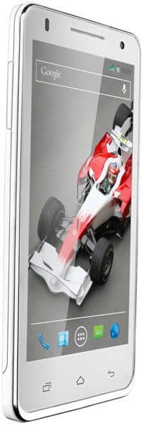 XOLO Q900 smartphone displayed at an angle showing white front with racing car image on screen