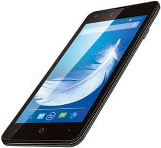 XOLO Q900s smartphone displayed at an angle, showing blue feather wallpaper on screen and black bezel