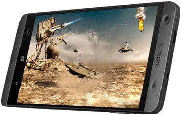 XOLO Win Q1000 smartphone displaying a desert action game scene with helicopters and explosions on screen