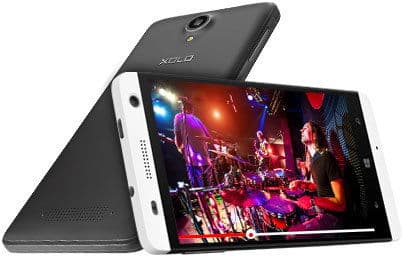 XOLO Win Q1000 smartphone, front view with screen displaying colorful concert footage, shown alongside rear view of device in black and white