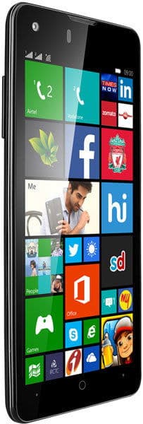 XOLO Win Q900s smartphone displayed from front angle, showing Windows home screen with colorful tile apps