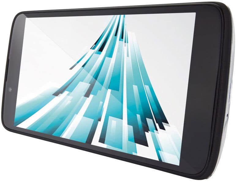 XOLO X1000 smartphone displayed at an angle, screen showing blue geometric shapes in perspective view