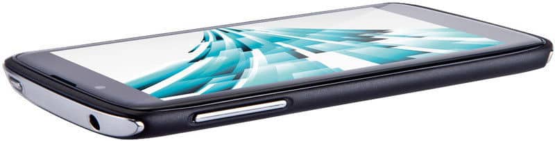 XOLO X1000 smartphone displayed at an angle, showing its curved black body and screen with blue abstract imagery