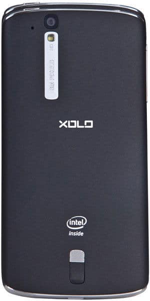 XOLO X1000 smartphone rear view, black with white accent stripe, camera and Intel Inside logo visible