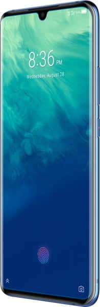 Front view of ZTE Axon 10 Pro showing notched display, date, time, and fingerprint icon for in-display sensor.
