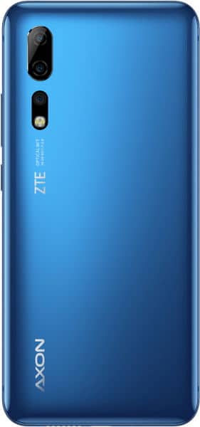 Rear view of blue ZTE Axon 10 Pro showing dual cameras, LED flash, and "ZTE" and "AXON" branding on the back.