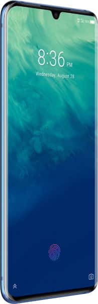 Front view of ZTE Axon 10 Pro with large display, blue-green wallpaper, onscreen fingerprint icon, 8:36 PM, August 28 shown.