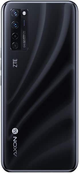 ZTE Axon 20 5G rear view, black phone with quad camera setup and curved design