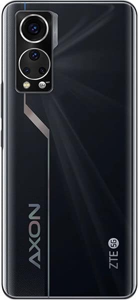 ZTE Axon 30 5G rear view, black phone with dual camera setup and curved design accent