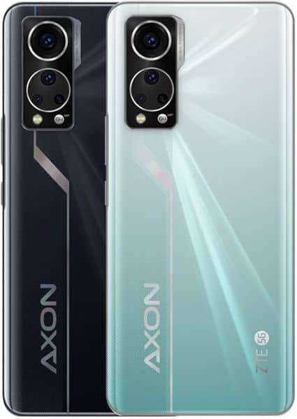 ZTE Axon 30 5G rear view, black and light blue models side by side showing dual camera setup