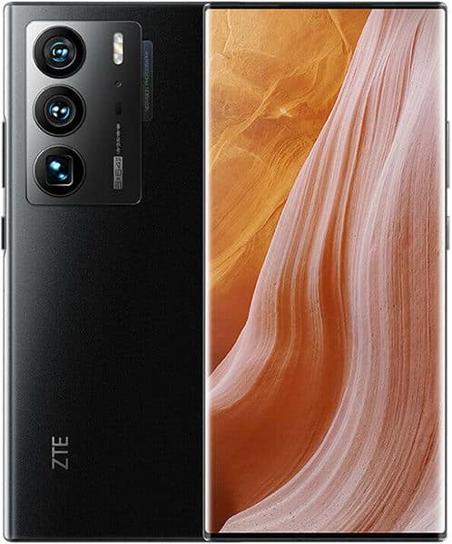 ZTE Axon 40 Ultra rear and front view showing triple camera system and orange-pink gradient display