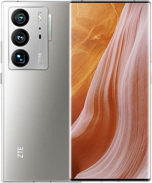 ZTE Axon 40 Ultra rear and front view, silver finish with triple camera module and orange-toned display wallpaper