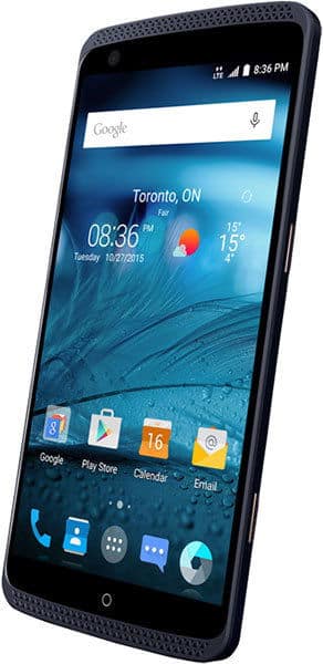 ZTE Axon smartphone front view, displaying home screen with weather widget and app icons