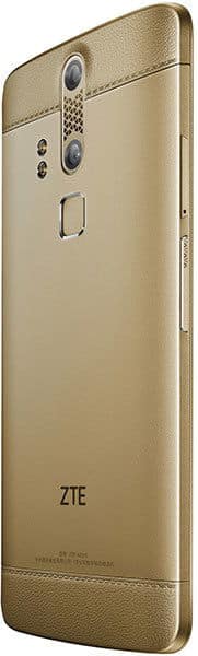 ZTE Axon rear view, gold finish, dual cameras and fingerprint sensor visible