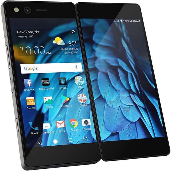 ZTE Axon M dual-screen smartphone, front view with left screen displaying home interface and right screen showing wallpaper