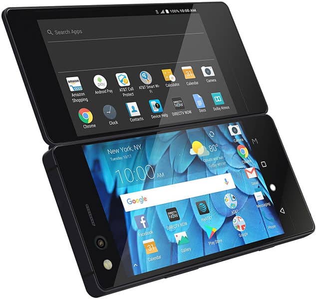 ZTE Axon M dual-screen smartphone, open position, showing upper screen with apps and lower screen displaying home screen with Google search bar