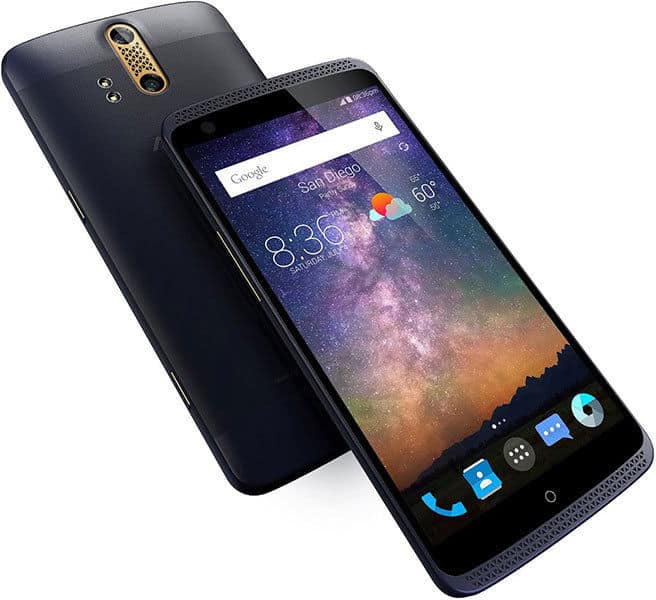 ZTE Axon Pro front view showing home screen; rear view displays camera and gold-accented details. Both phones in black.