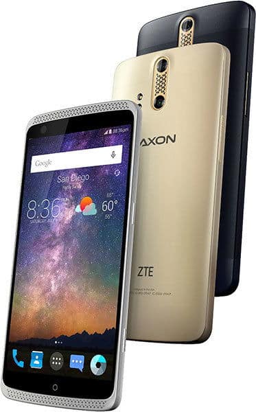 Gold ZTE Axon Pro shown from the front with home screen; dark blue model shown rear view, camera and logo visible.