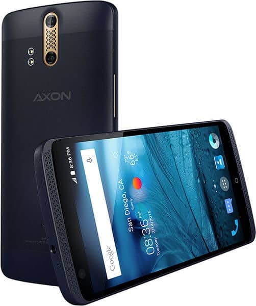 ZTE Axon Pro: rear view upright, and front display view horizontal with apps and San Diego weather widget visible.