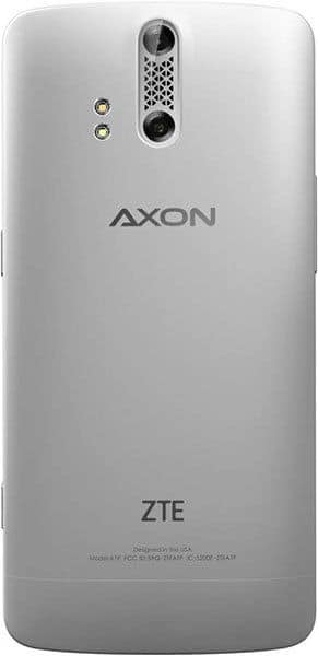 Rear view of silver ZTE Axon Pro highlighting camera, flash, speaker grille, and AXON/ZTE branding.