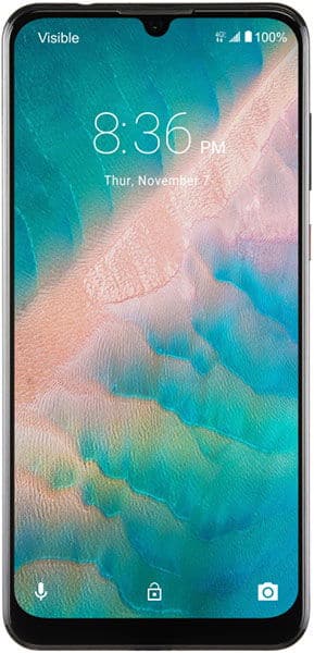 ZTE Blade 10 Prime front view with turquoise ocean and beach wallpaper on screen, showing 8:36 PM and status icons