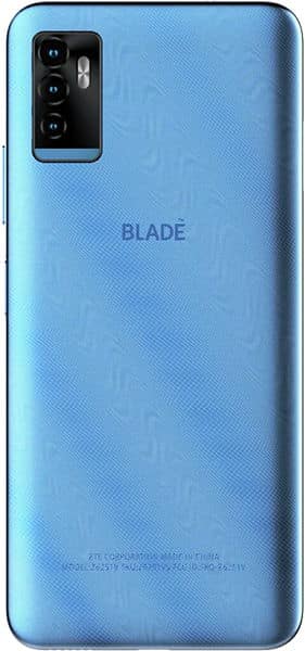 ZTE Blade 11 Prime rear view, light blue phone with rectangular camera module and textured back panel