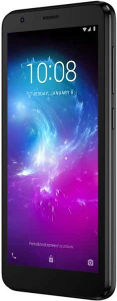 ZTE Blade A3 (2019) front view with screen displaying time 10:08 and abstract blue-to-pink gradient wallpaper