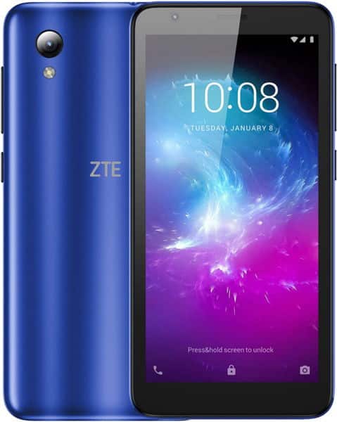 ZTE Blade A3 (2019) smartphone in blue, front and rear view, with screen showing time and date