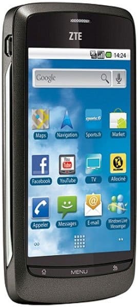 Front view of black ZTE Blade showing home screen with app icons and blue sky wallpaper, time displayed as 14:24.