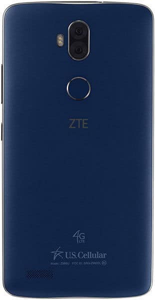 ZTE Blade Max 3 rear view, dark blue back with dual camera and fingerprint sensor, US Cellular branding visible