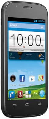 ZTE Blade Q Mini smartphone, front view, displaying home screen with clock widget and app icons