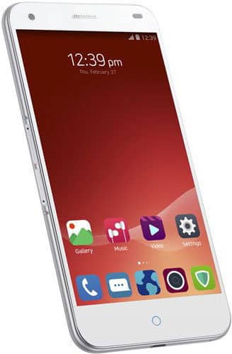 ZTE Blade S6 front view, white model with red home screen at 12:39 pm, curved edges, side buttons visible, app icons shown.