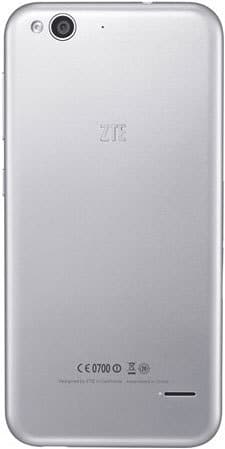 Rear view of silver ZTE Blade S6 with rear camera, flash, ZTE logo, certification labels, and bottom speaker grill visible.