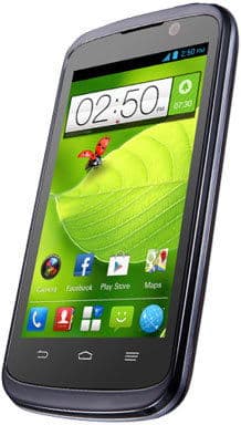 Black ZTE Blade V smartphone shown at an angle, front display on with green home screen, 02:50 clock, and ladybug wallpaper.