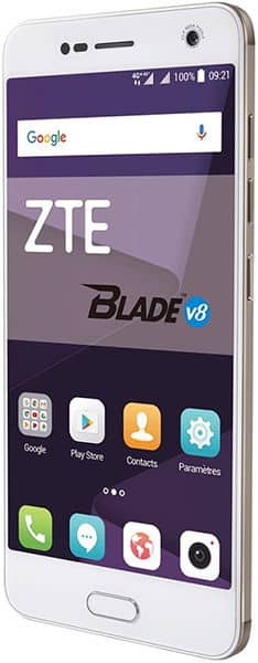 ZTE Blade V8 smartphone, front view, with white frame, purple home screen displaying Google search bar and app icons including Phone, Messages, and Camera