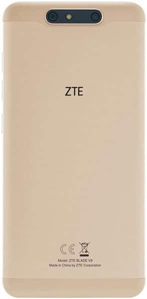 ZTE Blade V8 rear view, champagne gold back with dual camera and ZTE branding visible