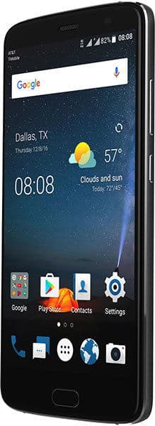 Front view of black ZTE Blade V8 Pro showing home screen, 08:08 time, Dallas weather 57°F, app icons, and top status icons.
