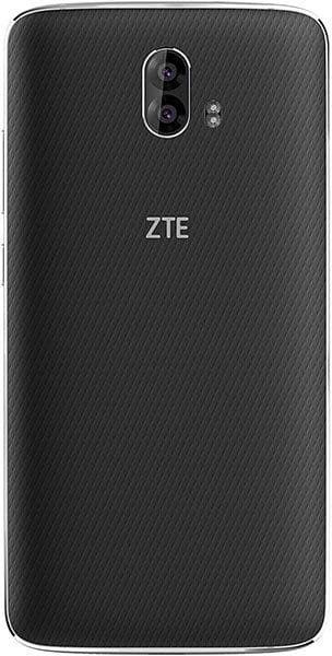 Rear view of black ZTE Blade V8 Pro with dual cameras and flash above ZTE logo on a textured back.