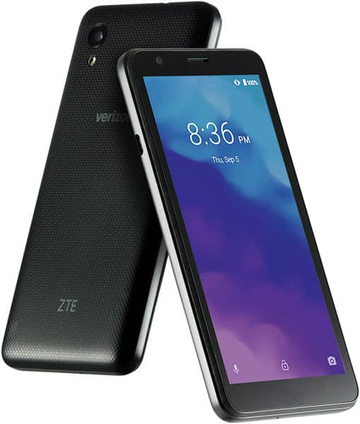ZTE Blade Vantage 2 front and rear view, black phone with textured back and blue-purple gradient display showing 8:36 PM