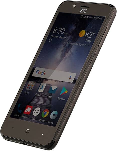 ZTE Blade Vantage smartphone front view with screen displaying time, weather, and home screen icons