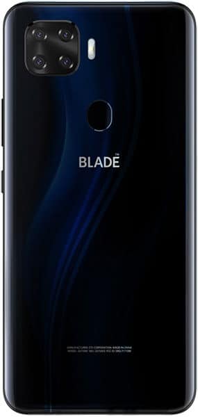 ZTE Blade X1 5G rear view, black with quad camera array and fingerprint sensor, blue accent lines on back