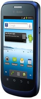 Front view of T-Mobile ZTE Concord in blue, showing Android home screen with camera, messages, email, and calendar icons at 12:05 PM.